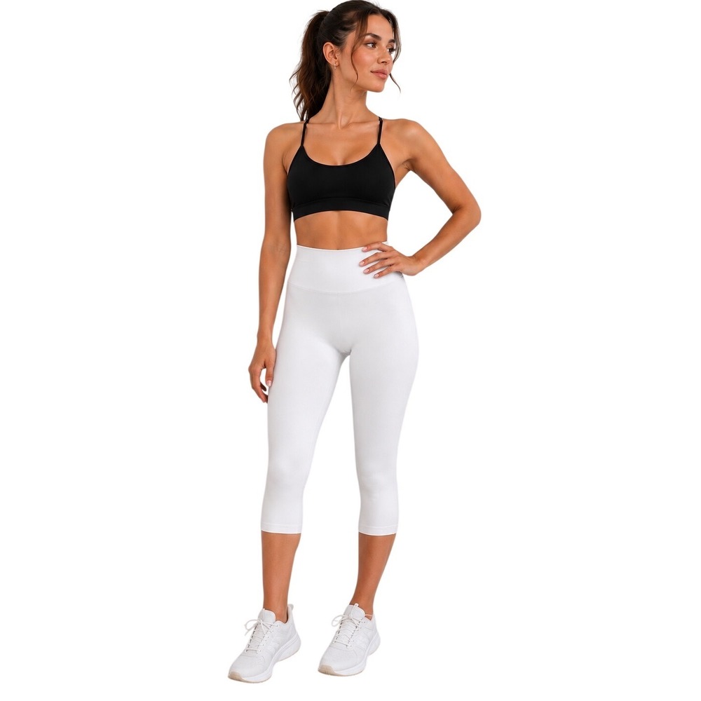 Elietian White High Waisted Seamless Ribbed Capri Leggings Style Womens One Size